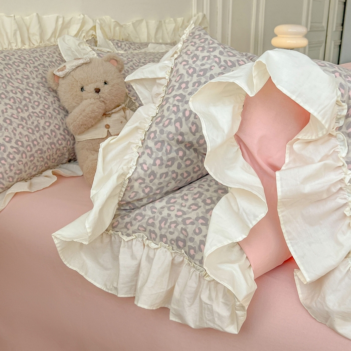 91家纺网 家纺一手货源 找家纺 涵宸家纺 2025新款A类全棉双层纱荷叶花边四件套 花边-甜酷豹纹