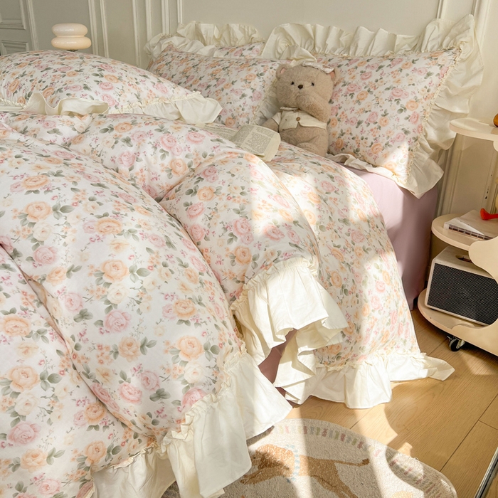 涵宸家纺 2025新款A类全棉双层纱荷叶花边四件套 花边-婉然