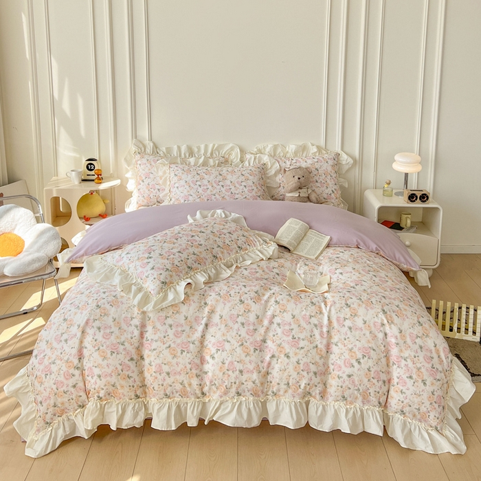 91家纺网 家纺一手货源 找家纺 涵宸家纺 2025新款A类全棉双层纱荷叶花边四件套 花边-婉然