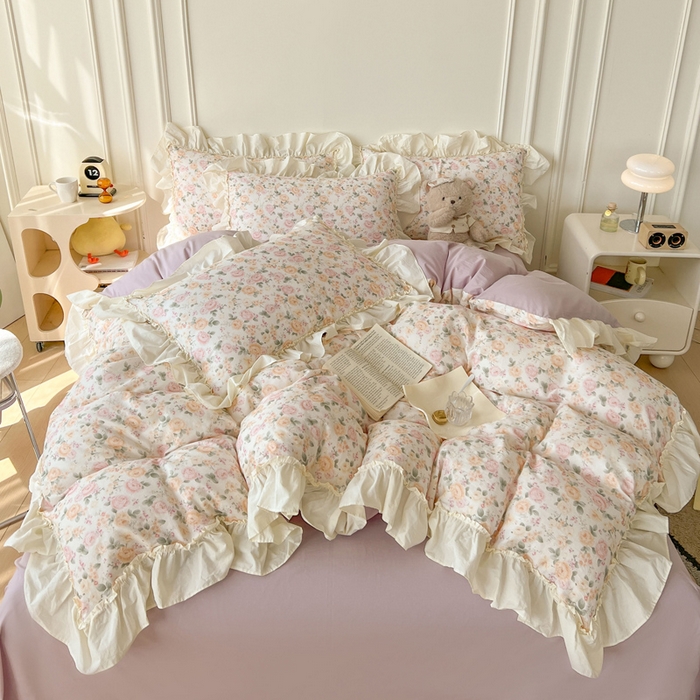 91家纺网 家纺一手货源 找家纺 涵宸家纺 2025新款A类全棉双层纱荷叶花边四件套 花边-婉然