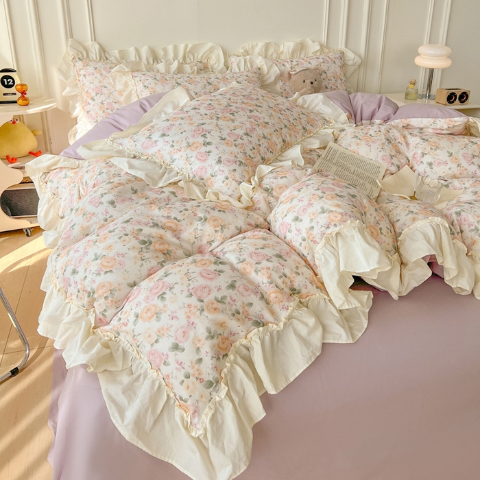 91家纺网 家纺一手货源 找家纺 涵宸家纺 2025新款A类全棉双层纱荷叶花边四件套 花边-婉然