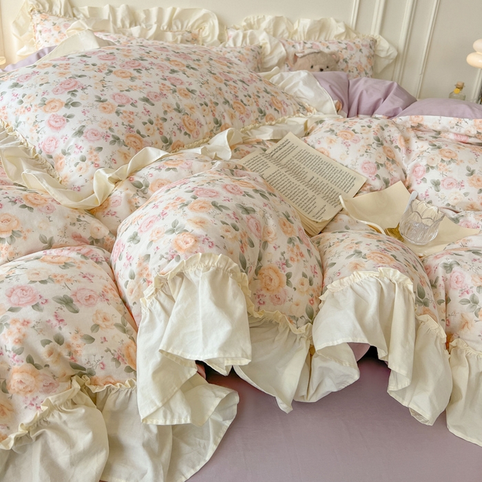 91家纺网 家纺一手货源 找家纺 涵宸家纺 2025新款A类全棉双层纱荷叶花边四件套 花边-婉然