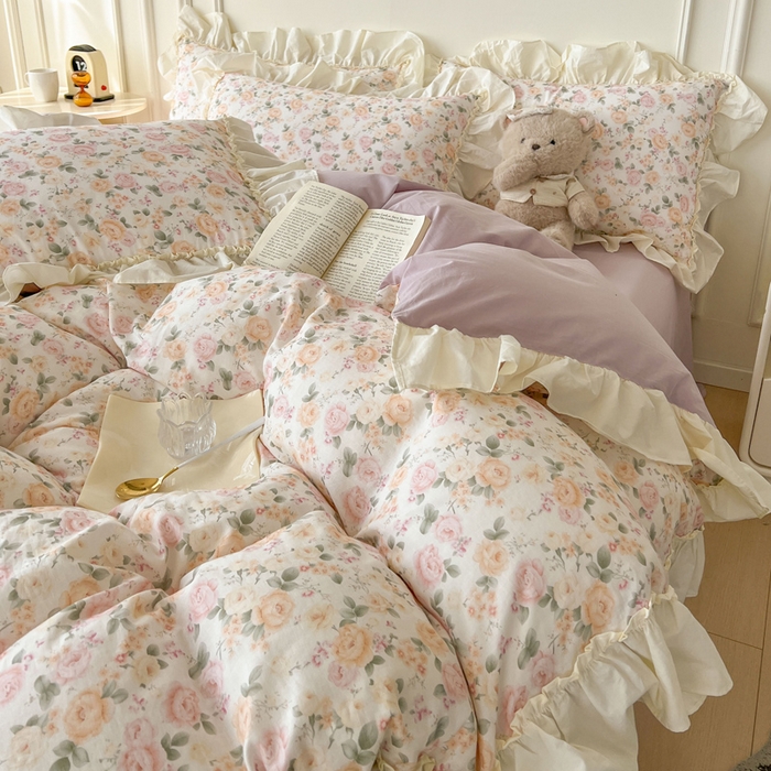 91家纺网 家纺一手货源 找家纺 涵宸家纺 2025新款A类全棉双层纱荷叶花边四件套 花边-婉然