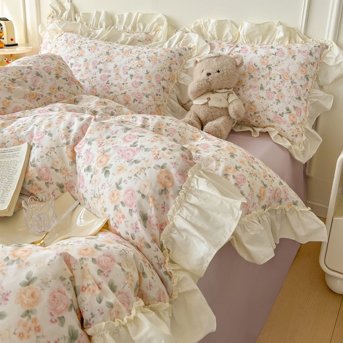 91家纺网 家纺一手货源 找家纺 涵宸家纺 2025新款A类全棉双层纱荷叶花边四件套 花边-婉然