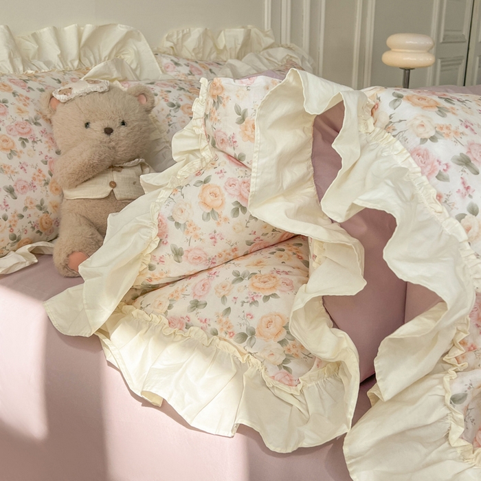 91家纺网 家纺一手货源 找家纺 涵宸家纺 2025新款A类全棉双层纱荷叶花边四件套 花边-婉然