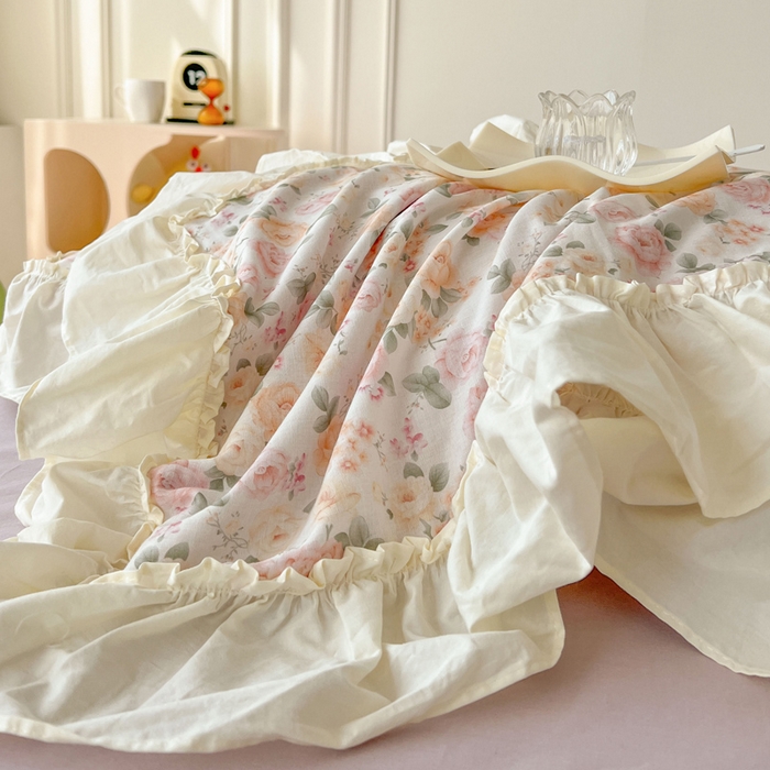 91家纺网 家纺一手货源 找家纺 涵宸家纺 2025新款A类全棉双层纱荷叶花边四件套 花边-婉然