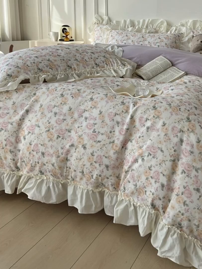 91家纺网 家纺一手货源 找家纺 涵宸家纺 2025新款A类全棉双层纱荷叶花边四件套 花边-婉然