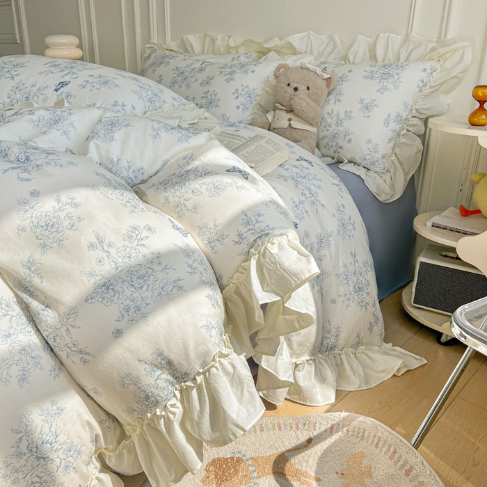 涵宸家纺 2025新款A类全棉双层纱荷叶花边四件套 花边-文墨碟