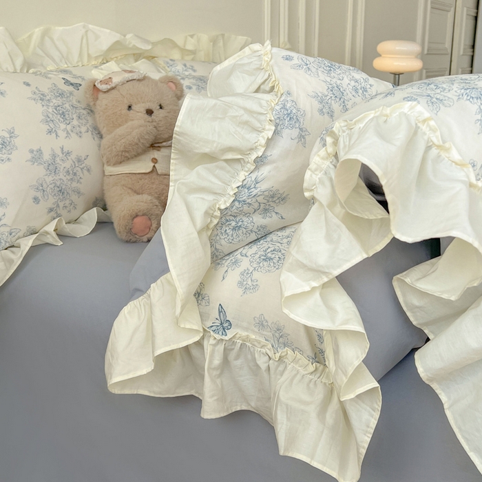 91家纺网 家纺一手货源 找家纺 涵宸家纺 2025新款A类全棉双层纱荷叶花边四件套 花边-文墨碟