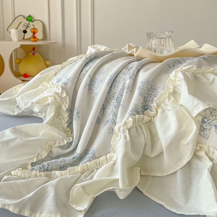 91家纺网 家纺一手货源 找家纺 涵宸家纺 2025新款A类全棉双层纱荷叶花边四件套 花边-文墨碟