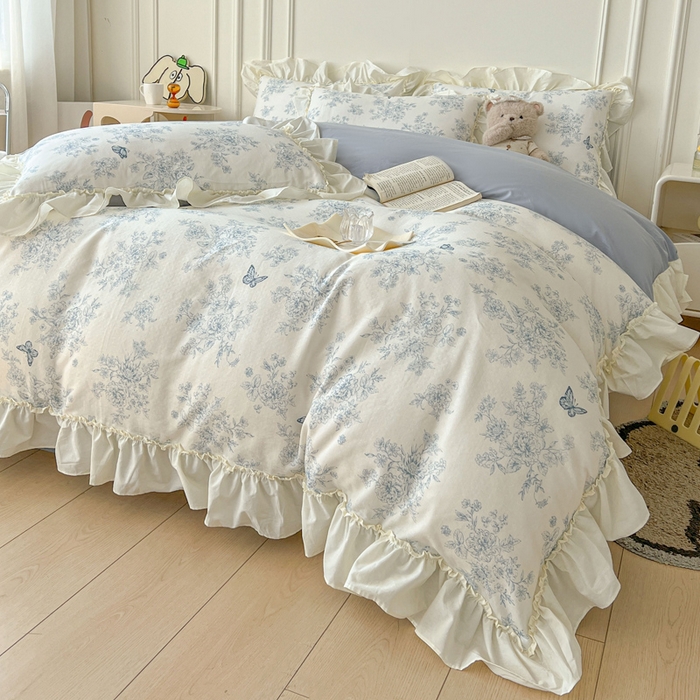 91家纺网 家纺一手货源 找家纺 涵宸家纺 2025新款A类全棉双层纱荷叶花边四件套 花边-文墨碟