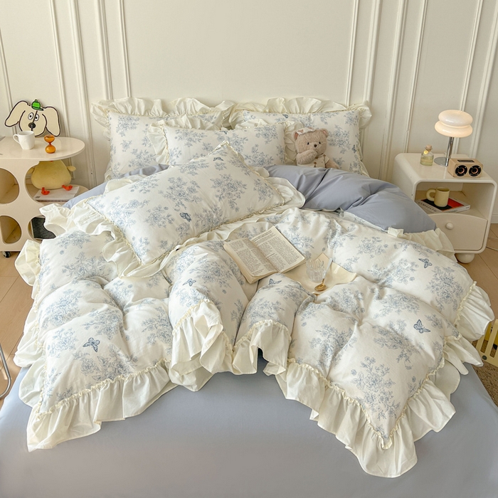 91家纺网 家纺一手货源 找家纺 涵宸家纺 2025新款A类全棉双层纱荷叶花边四件套 花边-文墨碟