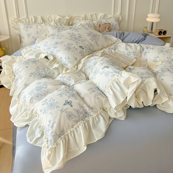 91家纺网 家纺一手货源 找家纺 涵宸家纺 2025新款A类全棉双层纱荷叶花边四件套 花边-文墨碟