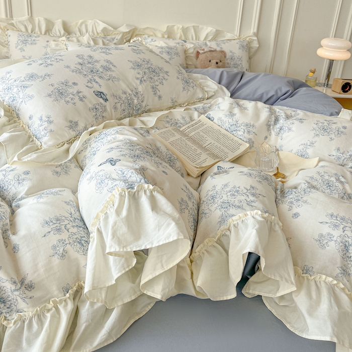 91家纺网 家纺一手货源 找家纺 涵宸家纺 2025新款A类全棉双层纱荷叶花边四件套 花边-文墨碟