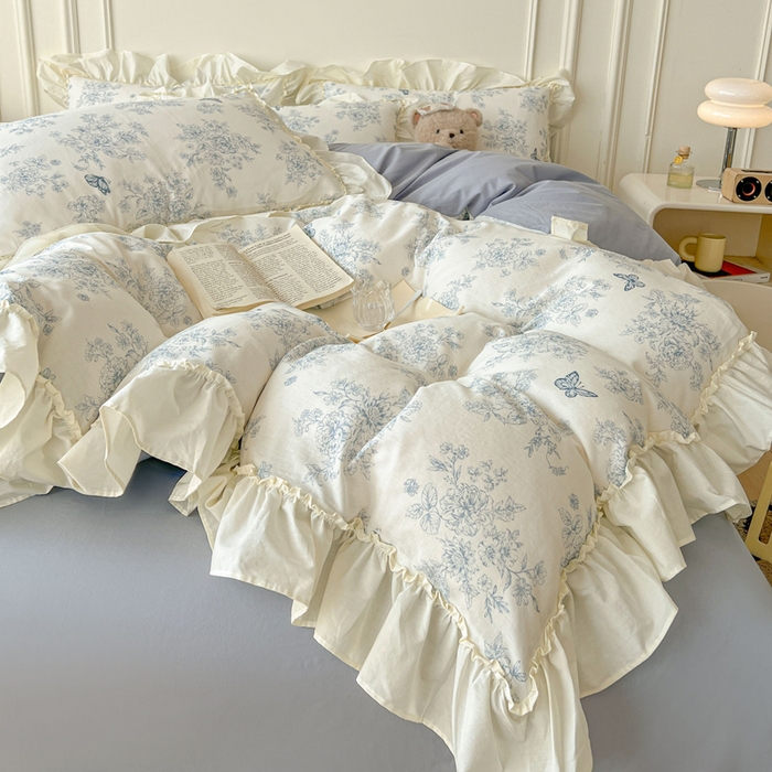 91家纺网 家纺一手货源 找家纺 涵宸家纺 2025新款A类全棉双层纱荷叶花边四件套 花边-文墨碟