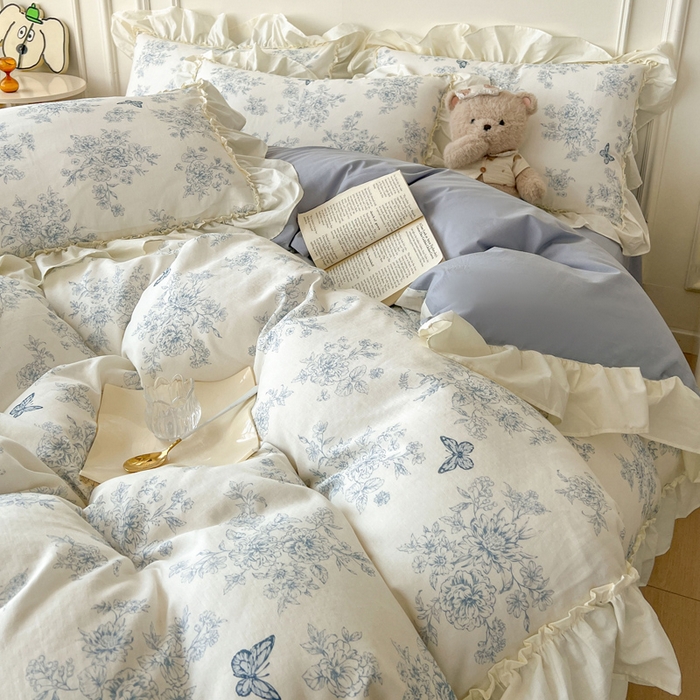 91家纺网 家纺一手货源 找家纺 涵宸家纺 2025新款A类全棉双层纱荷叶花边四件套 花边-文墨碟