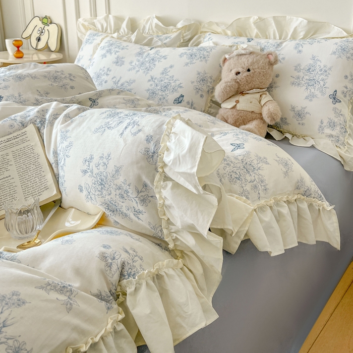 91家纺网 家纺一手货源 找家纺 涵宸家纺 2025新款A类全棉双层纱荷叶花边四件套 花边-文墨碟