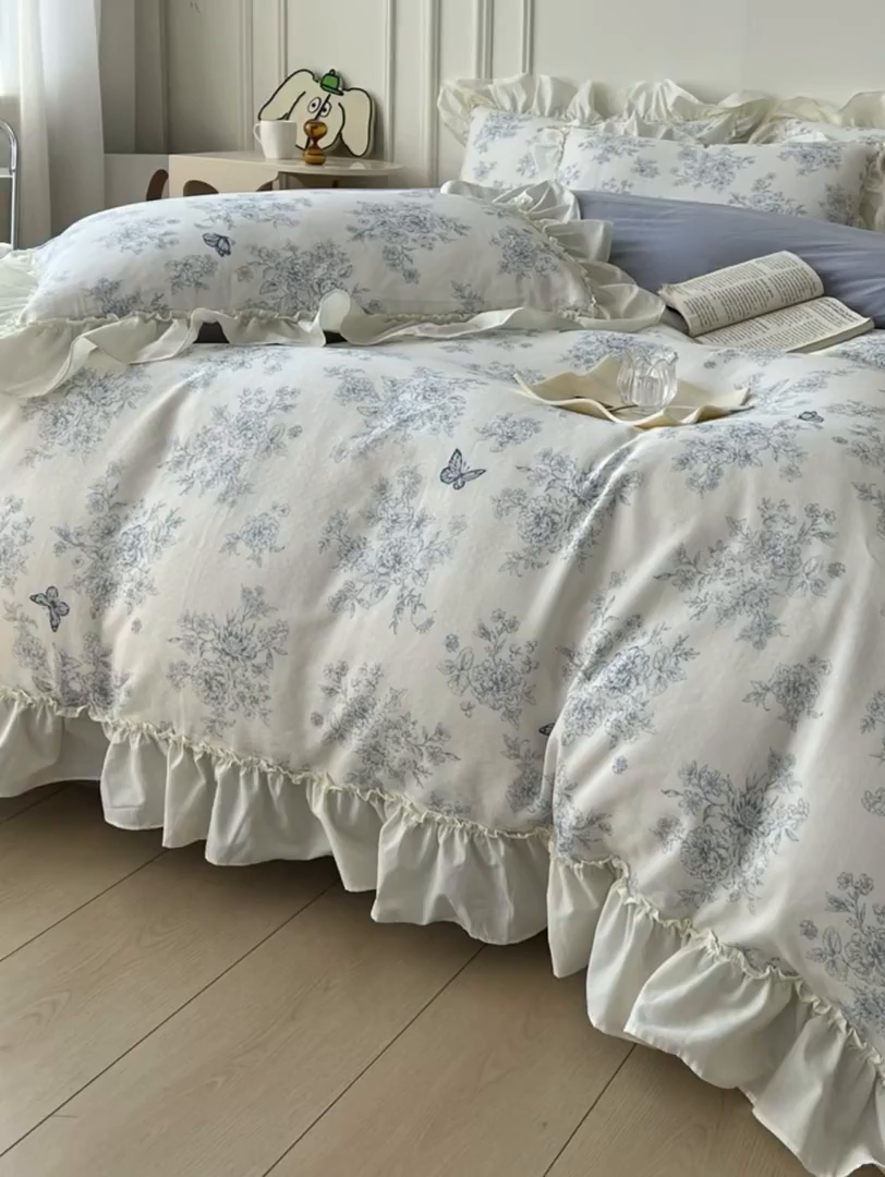 91家纺网 家纺一手货源 找家纺 涵宸家纺 2025新款A类全棉双层纱荷叶花边四件套 花边-文墨碟