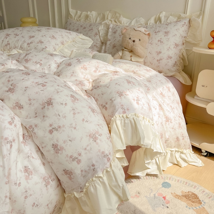 涵宸家纺 2025新款A类全棉双层纱荷叶花边四件套 花边-问秋黄