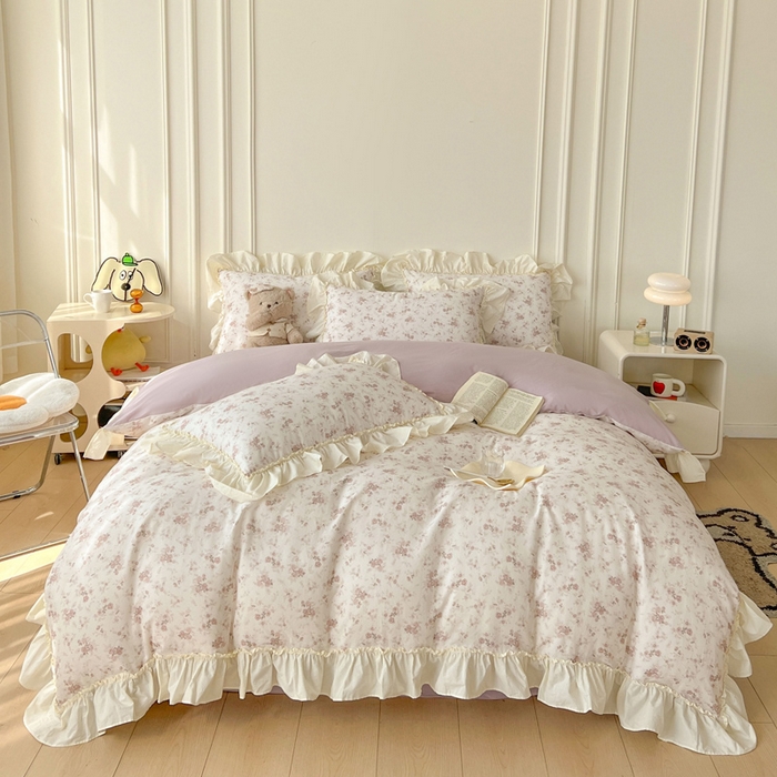 91家纺网 家纺一手货源 找家纺 涵宸家纺 2025新款A类全棉双层纱荷叶花边四件套 花边-问秋黄