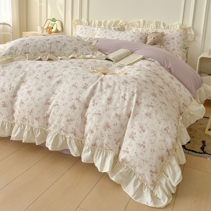 91家纺网 家纺一手货源 找家纺 涵宸家纺 2025新款A类全棉双层纱荷叶花边四件套 花边-问秋黄