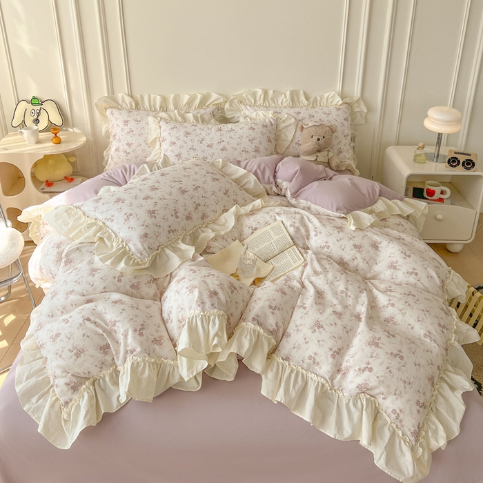 91家纺网 家纺一手货源 找家纺 涵宸家纺 2025新款A类全棉双层纱荷叶花边四件套 花边-问秋黄