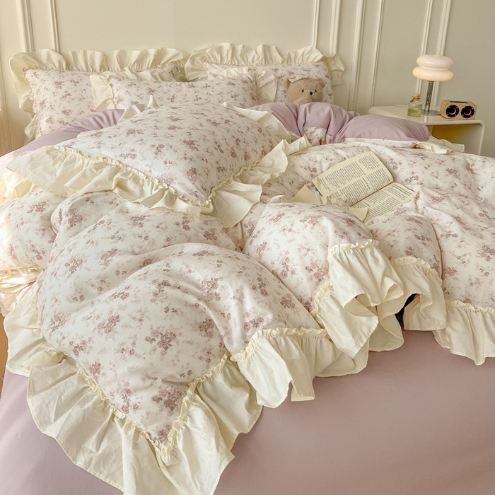 91家纺网 家纺一手货源 找家纺 涵宸家纺 2025新款A类全棉双层纱荷叶花边四件套 花边-问秋黄