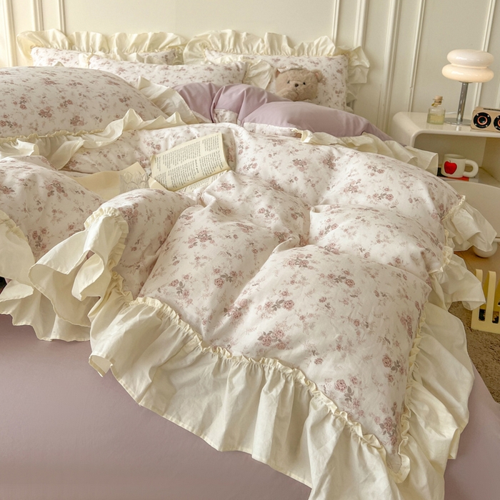 91家纺网 家纺一手货源 找家纺 涵宸家纺 2025新款A类全棉双层纱荷叶花边四件套 花边-问秋黄