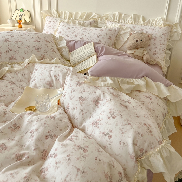 91家纺网 家纺一手货源 找家纺 涵宸家纺 2025新款A类全棉双层纱荷叶花边四件套 花边-问秋黄