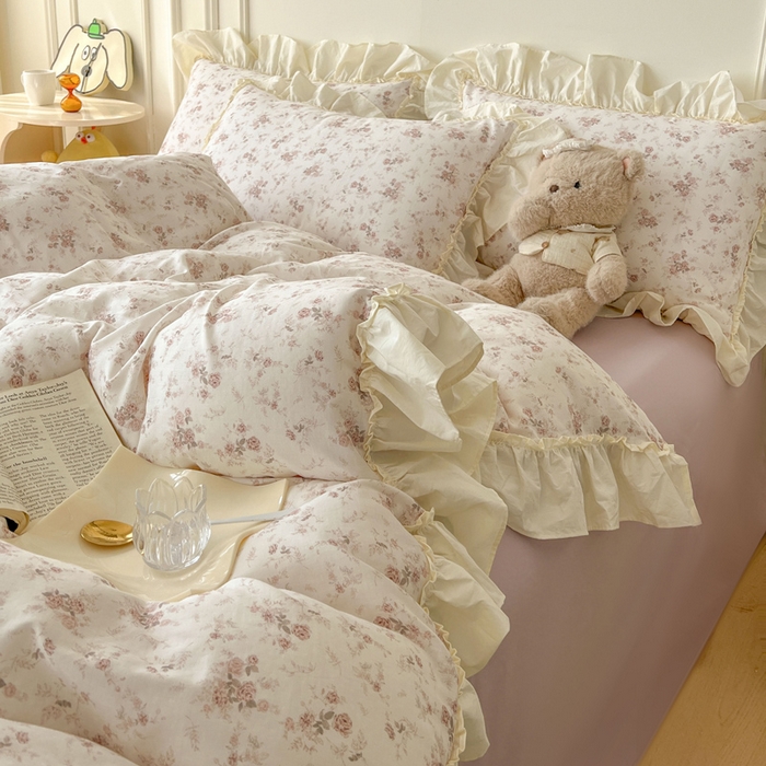 91家纺网 家纺一手货源 找家纺 涵宸家纺 2025新款A类全棉双层纱荷叶花边四件套 花边-问秋黄