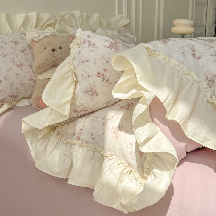 91家纺网 家纺一手货源 找家纺 涵宸家纺 2025新款A类全棉双层纱荷叶花边四件套 花边-问秋黄