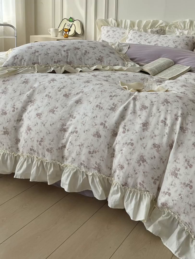 91家纺网 家纺一手货源 找家纺 涵宸家纺 2025新款A类全棉双层纱荷叶花边四件套 花边-问秋黄