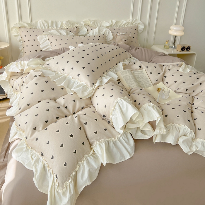 91家纺网 家纺一手货源 找家纺 涵宸家纺 2025新款A类全棉双层纱荷叶花边四件套 花边-心情