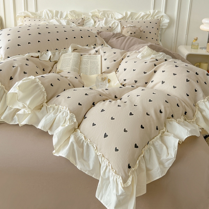 91家纺网 家纺一手货源 找家纺 涵宸家纺 2025新款A类全棉双层纱荷叶花边四件套 花边-心情