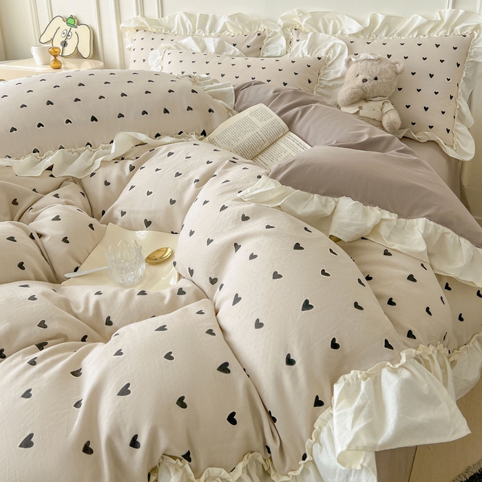 91家纺网 家纺一手货源 找家纺 涵宸家纺 2025新款A类全棉双层纱荷叶花边四件套 花边-心情