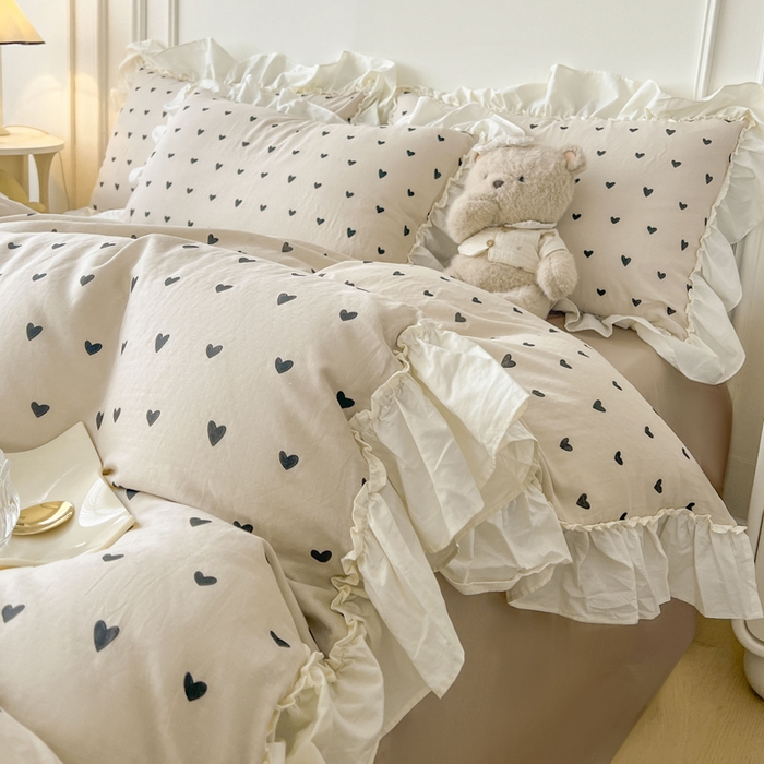 91家纺网 家纺一手货源 找家纺 涵宸家纺 2025新款A类全棉双层纱荷叶花边四件套 花边-心情