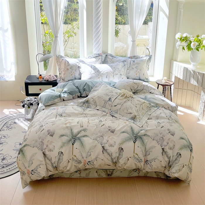 91家纺网 家纺一手货源 找家纺 宝齐莱家纺 2025新款13376全棉纯棉活性印花四件套 晨雾蓝