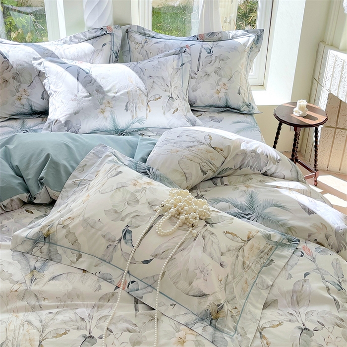 91家纺网 家纺一手货源 找家纺 宝齐莱家纺 2025新款13376全棉纯棉活性印花四件套 晨雾蓝