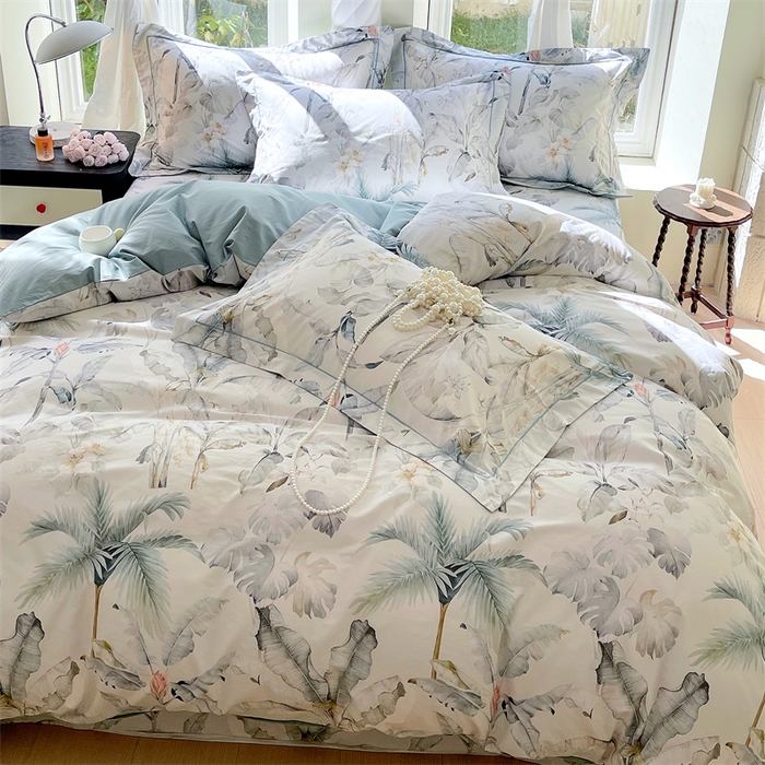 91家纺网 家纺一手货源 找家纺 宝齐莱家纺 2025新款13376全棉纯棉活性印花四件套 晨雾蓝