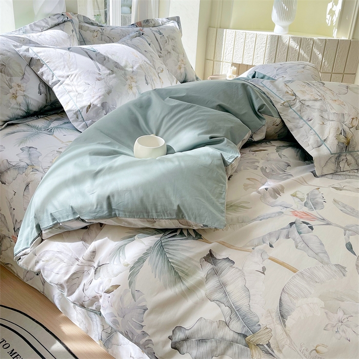 91家纺网 家纺一手货源 找家纺 宝齐莱家纺 2025新款13376全棉纯棉活性印花四件套 晨雾蓝