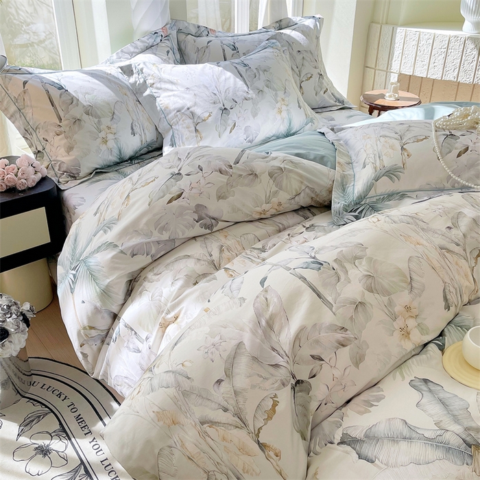 91家纺网 家纺一手货源 找家纺 宝齐莱家纺 2025新款13376全棉纯棉活性印花四件套 晨雾蓝