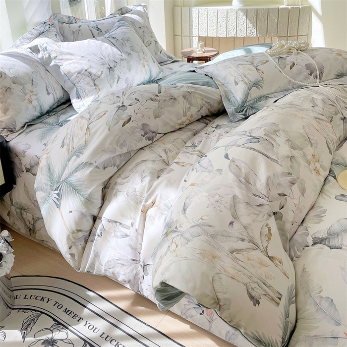 91家纺网 家纺一手货源 找家纺 宝齐莱家纺 2025新款13376全棉纯棉活性印花四件套 晨雾蓝