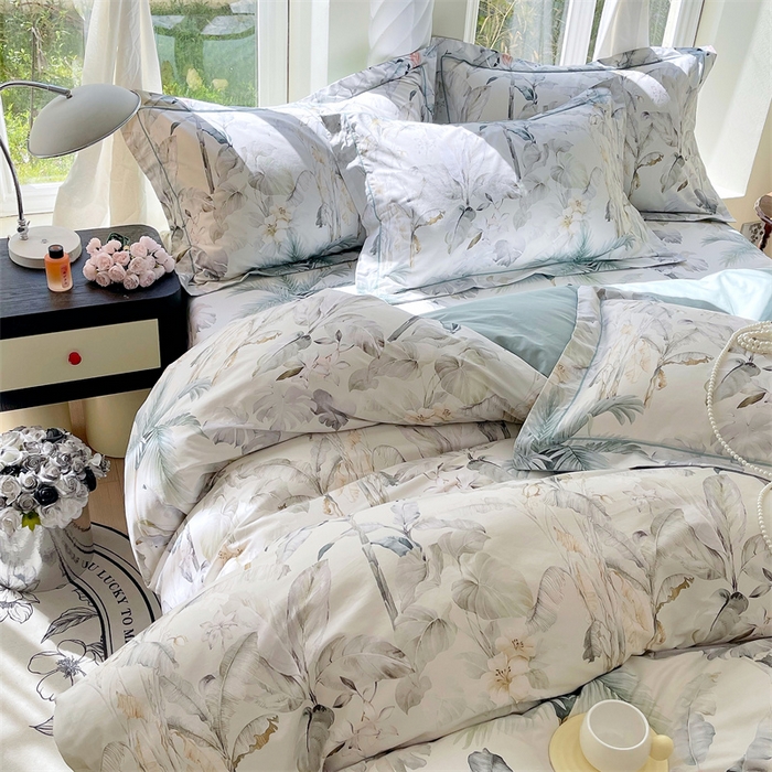 91家纺网 家纺一手货源 找家纺 宝齐莱家纺 2025新款13376全棉纯棉活性印花四件套 晨雾蓝