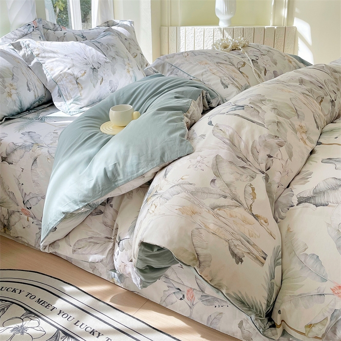 91家纺网 家纺一手货源 找家纺 宝齐莱家纺 2025新款13376全棉纯棉活性印花四件套 晨雾蓝