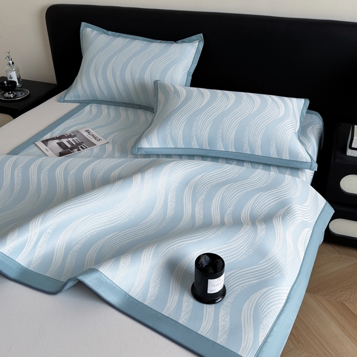 91家纺网 家纺一手货源 找家纺 九花鹿 2025新款A类PE凉感提花冰丝凉席软凉席可水洗可机洗 波纹（天空蓝）