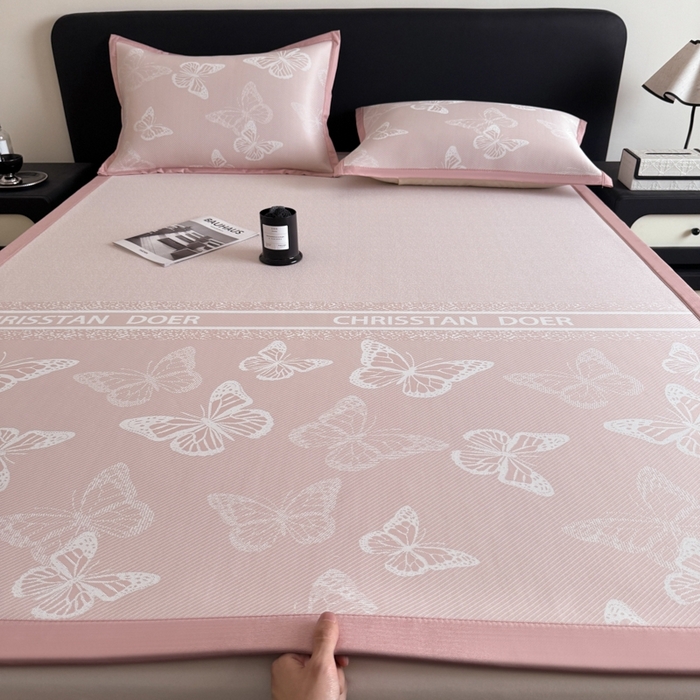 九花鹿 2025新款A类PE凉感提花冰丝凉席软凉席可水洗可机洗 蝶舞（浅粉）