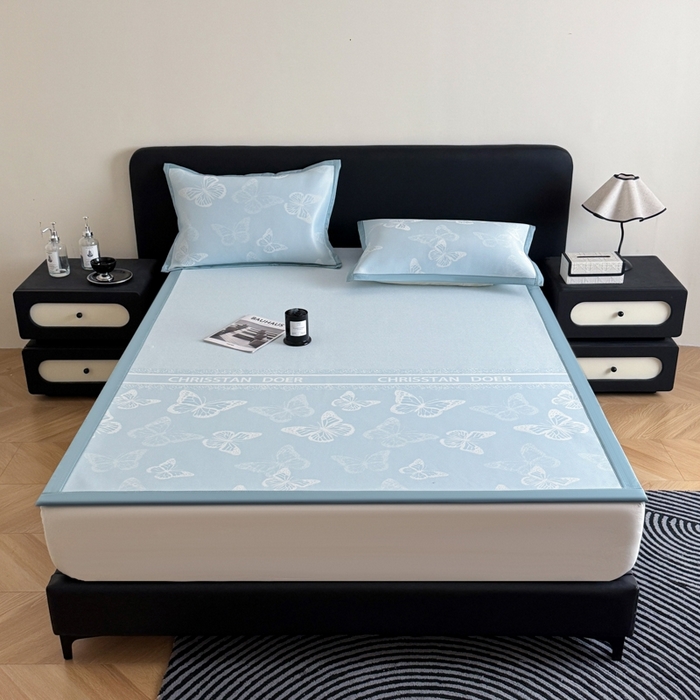 91家纺网 家纺一手货源 找家纺 九花鹿 2025新款A类PE凉感提花冰丝凉席软凉席可水洗可机洗 蝶舞（天空蓝）