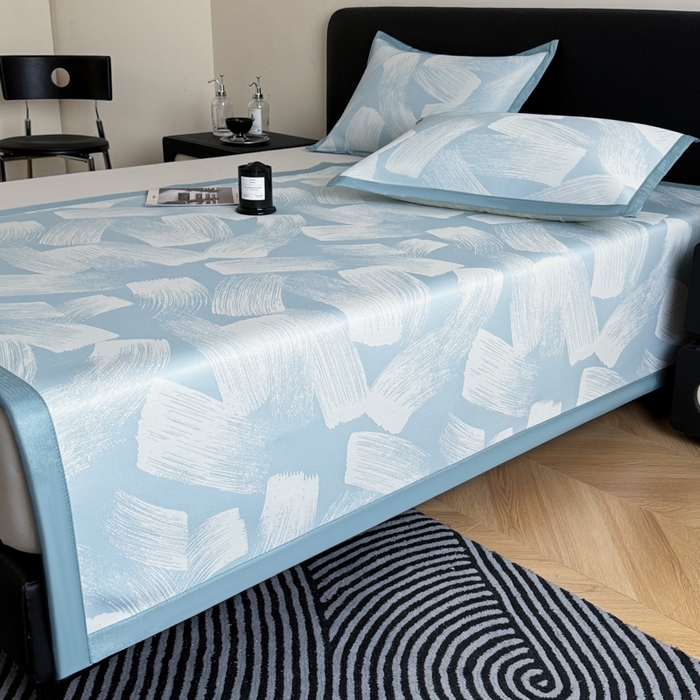 91家纺网 家纺一手货源 找家纺 九花鹿 2025新款A类PE凉感提花冰丝凉席软凉席可水洗可机洗 速写（天空蓝）