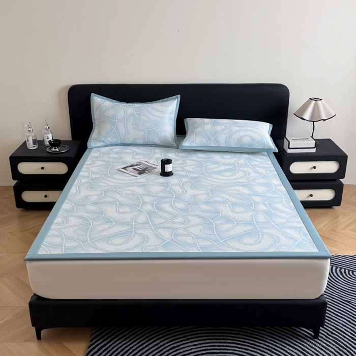 91家纺网 家纺一手货源 找家纺 九花鹿 2025新款A类PE凉感提花冰丝凉席软凉席可水洗可机洗 炫染流线（浅蓝）