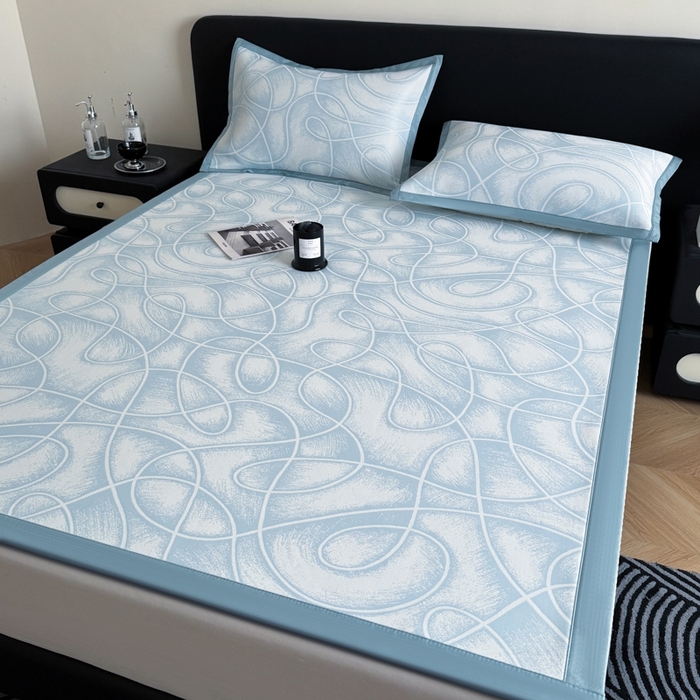 91家纺网 家纺一手货源 找家纺 九花鹿 2025新款A类PE凉感提花冰丝凉席软凉席可水洗可机洗 炫染流线（浅蓝）